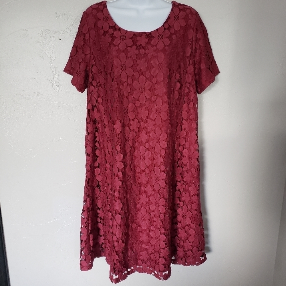 Mikarose XL Burgundy Floral Lace Dress Short Sleeve Zipper Back Bridesmaid